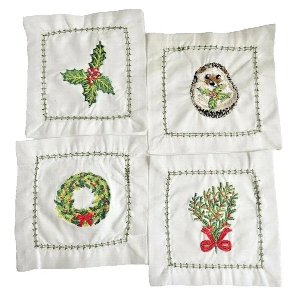 Christmas Cotton Linen Cocktail Coasters Set of 4 Embroidered 4.5